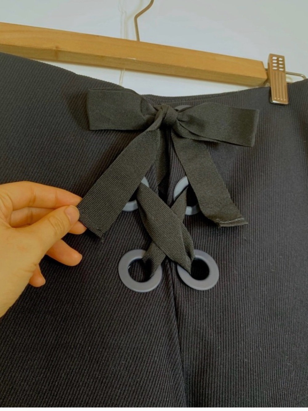 Zara Black Ribbed Lace-Up Top with Bow Detail